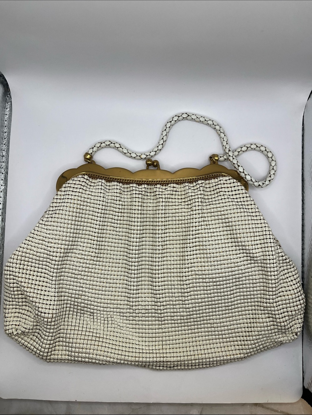 Vintage Whiting & Davis Cream Mesh Frame Shoulder Bag with Gold Trim 50's